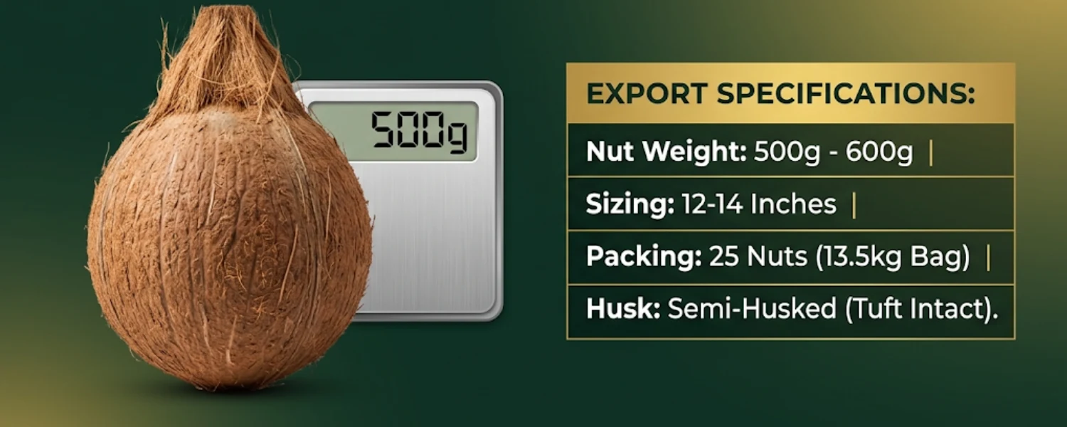 semi husked coconut export specifications